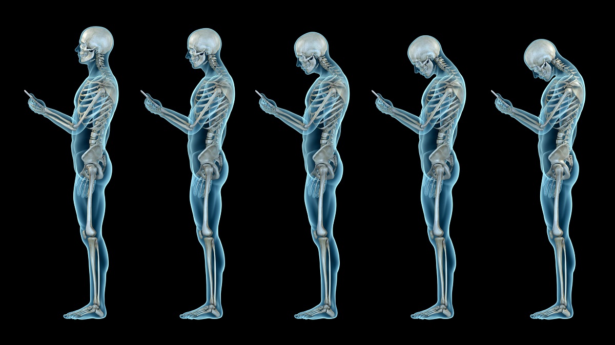 Five skeletons holding cell phones each with a bent neck at increasingly sharper angles.