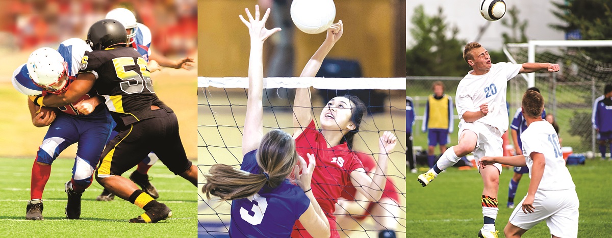 Three colorful images of student athletes playing (from left to right) football, volleyball, and soccer.